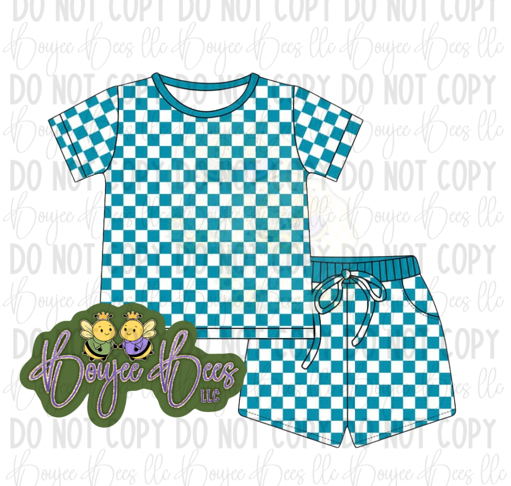 Teal Blue Checks Kids 2 Piece Shorts Set