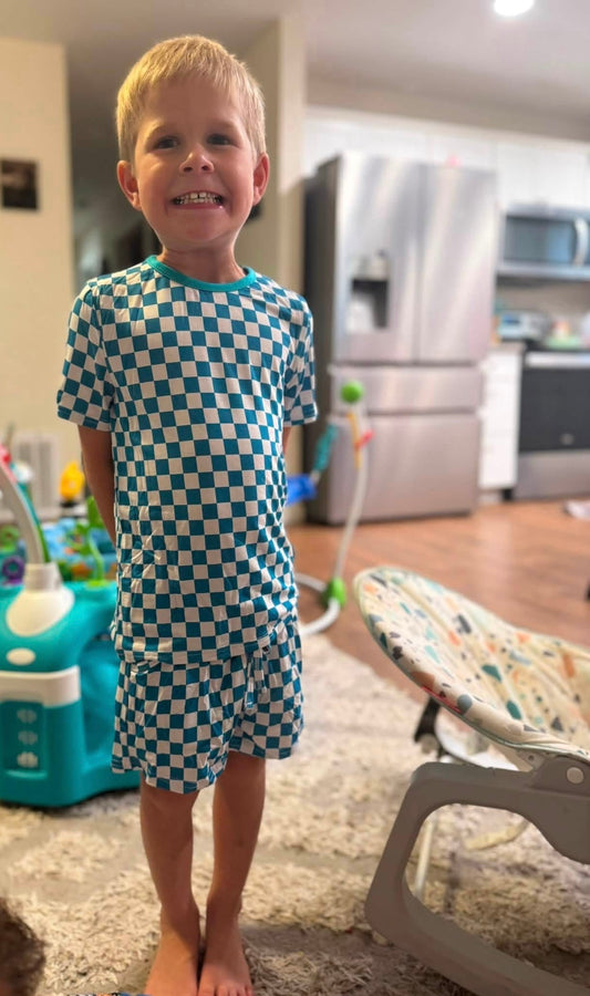 Teal Blue Checks Kids 2 Piece Shorts Set