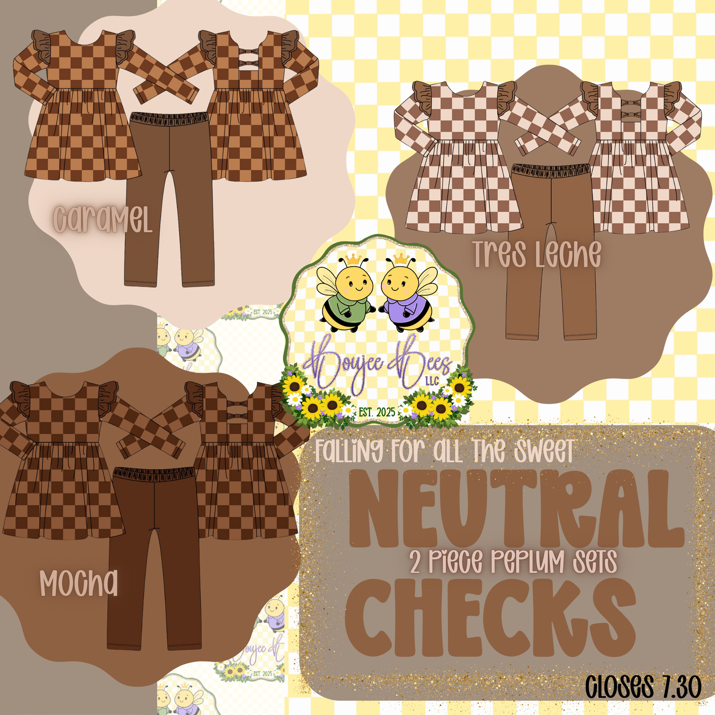 Neutral Checks Caramel Peplum 2 Piece Set