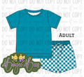 Teal Blue Checks Adult 2 Piece Shorts Set