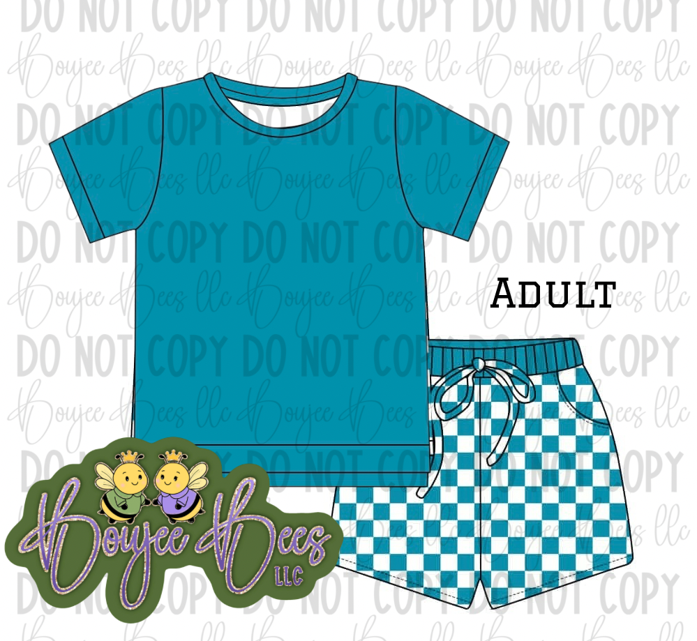Teal Blue Checks Adult 2 Piece Shorts Set