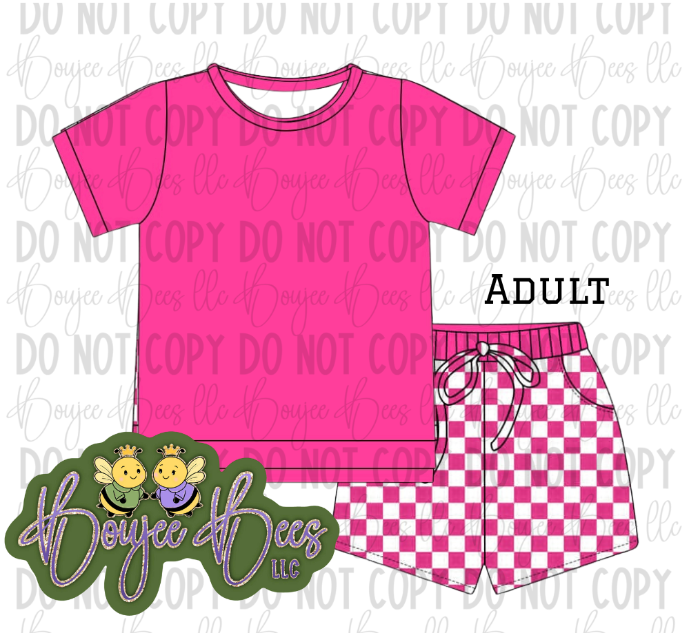 Neon Pink Checks Adult 2 Piece Shorts Set
